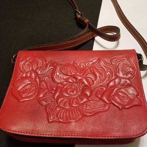 Patricia Nash Tooled Rose  Red Leather Crossbody Handbag